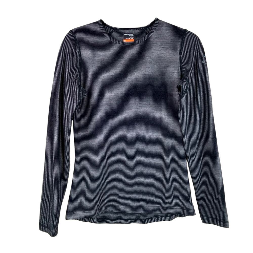 Icebreaker 100% Merino Wool Long Sleeve Shirt Size M Black Stripped Bodyfit 200